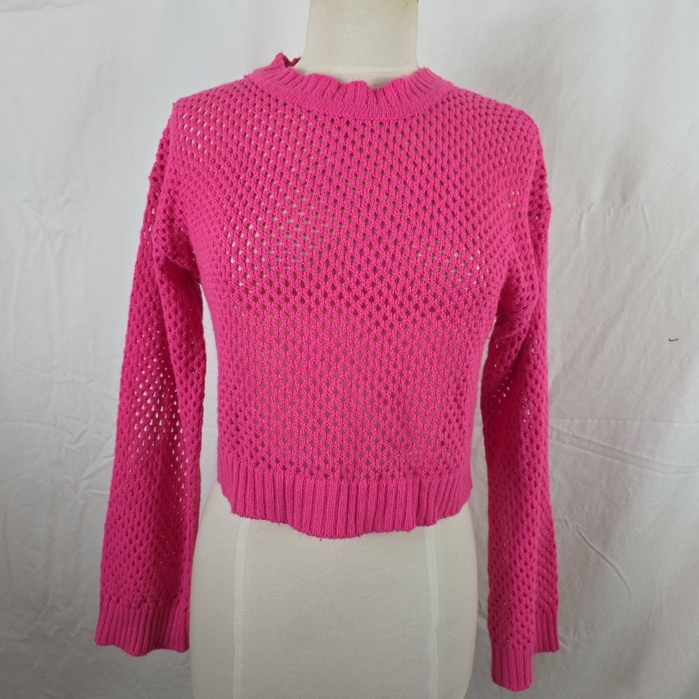 Barbie Bubblegum Pink Crochet Crop Top Pullover Sweater Womens Large